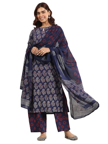Image of Libas Printed Cotton Straight Kurta With Palazzo and Dupatta