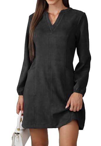 JayscreateEU Damen Herbst Kleid Mit Taschen Langarm V-Ausschnitt Herbstkleid Winterkleid Damen Knielang Tunika A Linien Shirtkleid Mit Taschen Langarm Autumn Dress,Schwarz,XL