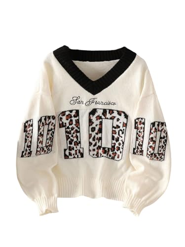 Girl's Number Leopard Sweater Long Sleeve V Neck Oversized Knit Pullovers Tops