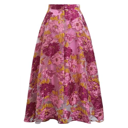 CHICWISH Women Floral Jacquard Flared Skirts High Waist A-Line Casual Garden Party Vintage Swing Midi Skirt3