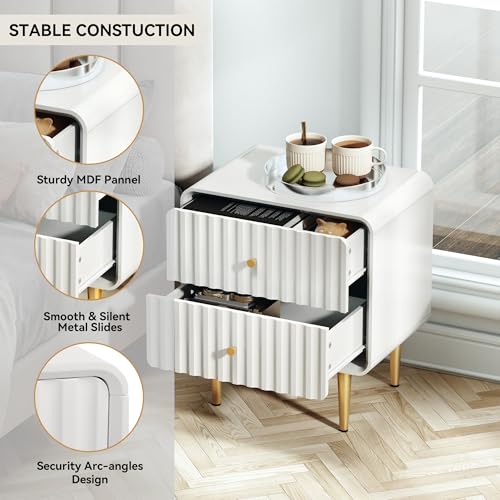 Image of HLR Modern Nightstand, Fluted Bedside Table with 2 Drawers Storage, White