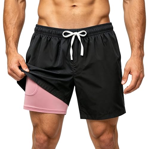 HomDesk Men's Swim Trunks, Swimsuit Quick Dry 2 in 1 Board Shorts Bathing Suits with Pockets Compression Liner Beach Shorts by HomDesk - Used condition - US$8.01