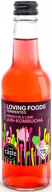 Loving Foods Award Winning *Organic & Made in the UK* Hibiscus & Lime Jun-Kombucha (330ml) Raw, Unpasteurised & Bursting with Beneficial Live Bacteria (6 x Bottles)