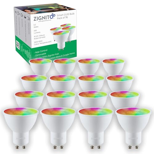 Image of ZIGNITO GU10 Smart Bulb, White & Colour LED, Works with, Alexa, Hey Google, S'Things (Hub Required) Zigbee GU10, Smart Spotlight, Up to 16 Million hue of Colours and Whites. (Pack of 16)