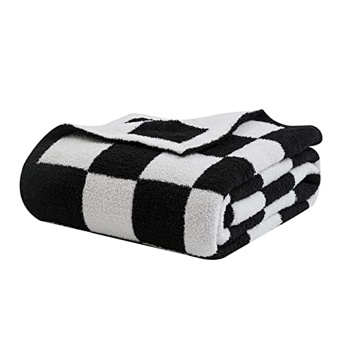 Image of bearberry Fuzzy Checkerboard Grid Throw Blanket Knitted Soft Cozy Warm Microfiber Blanket Decor for Couch Sofa Bed Travel Home (Black, 40''x50'')