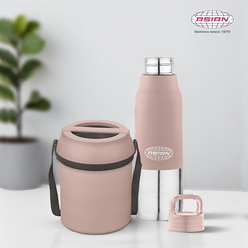 Image of ASIAN Stainless Steel Lunch Box (700ml) & Insulated Water Bottle (500ml) Combo Gift Set | Leakproof Steel Tiffin & Flask for Kids | BPA Free Back to School Essential Kit (Brown)