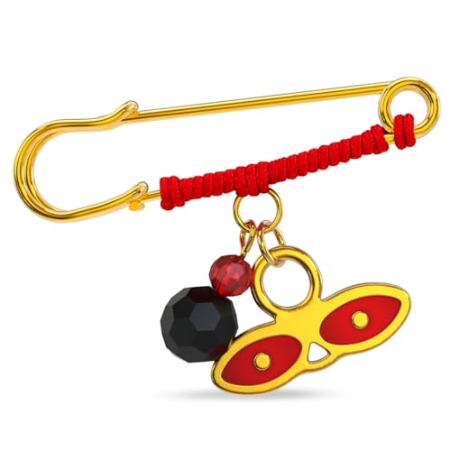 18K Gold Plated Lucy Pin with Azabache and Evil Eye Protection - 1.5 Inch Red Enamel Charm for Babies Infants and Toddlers - Azabache Safety Pin