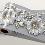 IOHEFY Silver Floral Wallpaper Border 196x4 Inch Peel and Stick Wall Border Metallic Embossed Flower Pattern Removable Vinyl Wall Trim for Kitchen Bathroom Bedroom Living Room Home Decor