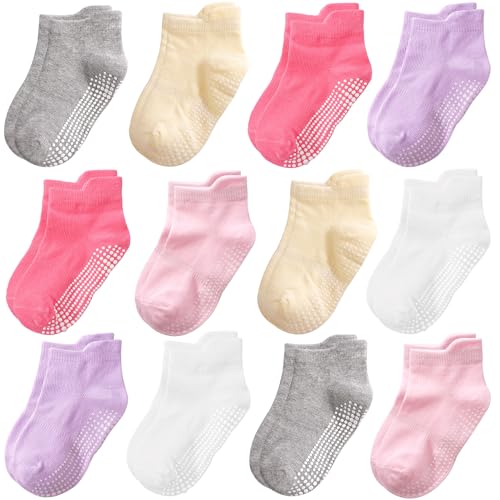 Tphon Baby Toddler Socks Girls Socks with Non Slip Grip 12 Pack Kids Ankle Cute Cotton Sock 6M-7Years