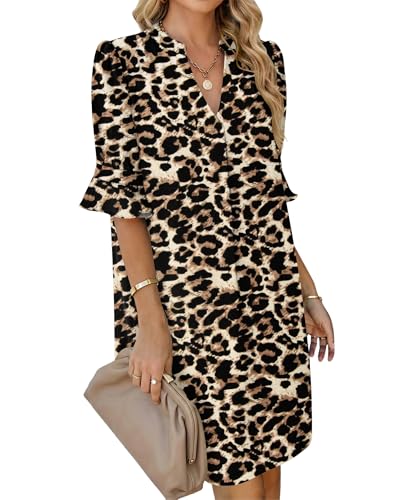 AUSELILY Women's Shift Dresses V Neck Ruffle Short Sleeve Casual Summer Dress with Pockets, Leopard M