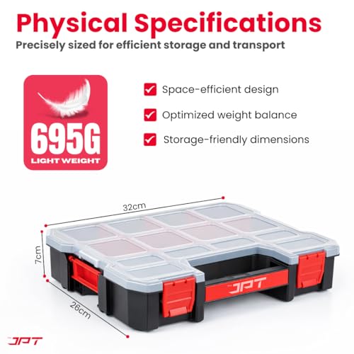 Image of JPT Medium Ultra Heavy Duty Tool Organiser Box | Plastic Storage Case with Transparent Lid, 14 Compartments & 8 Removable Dividers, Locking Latch | Stackable Hardware & Parts Organizer