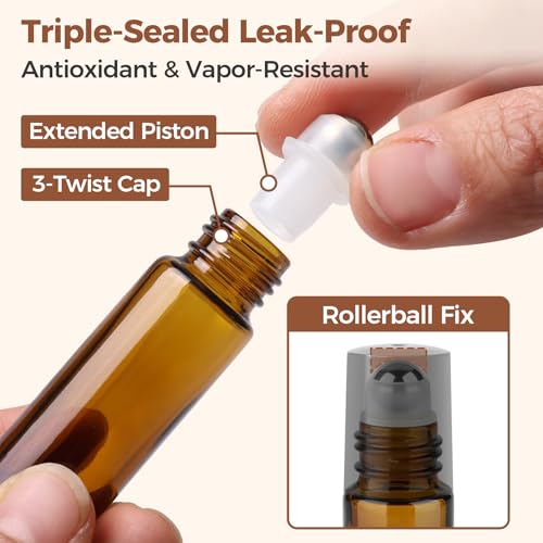 ComSaf 24 Pcs Roller Bottles for Essential Oils 10ml, Update Triple-Lock Seal Roll on Bottles Amber Perfume Glass Roller Balls for Essential Oils with Full Accessories2
