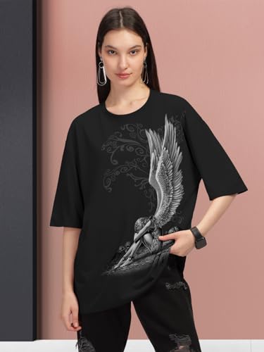Image of HELLCAT Beige Trendy Printed Oversized T-Shirt for Women