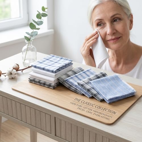 Image of Men's 12pcs 100% Cotton Checkered Handkerchiefs Gift Box, 15.75 Inch Soft Breathable Absorbent Large Pocket Squares