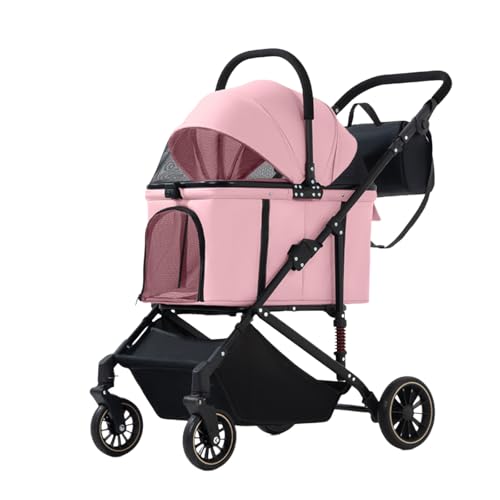 CTREVL Cochecito Plegable para Mascotas, Carro Perro para Perros/Gatos, Cochecito para Perros Medianos 20 kg con Cesta de Almacenamiento, Bolso de Hombro y Frenos de 360°(Rosa)
