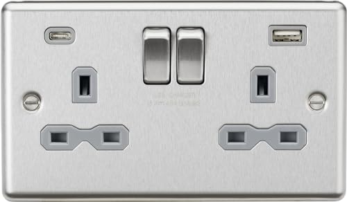 13A 2G SP Switched Socket with dual USB C+A 5V DC 4.0A [shared] - Brushed Chrome with grey insert