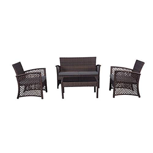 Image of Carry Bird 4 Piece PE Wicker Rattan Outdoor Furniture | 4 Seater Balcony Sofa With Tea Table | Set of 2+1+1 Outdoor Patio Chairs with Coffee Table | Sofa Sets & Center Table for Home & Garden | 3 Piece Patio Stools with Table | Indoor Patio Furniture Set Space Saving | Rattan Chair | Patio Set | Wicker Conversation Set | Poolside Lawn Arm Chairs Set For Balcony & Terrace | Balcony Table chair Set | Hotel Patio Seating Chair & Table Set with Glass | LightBrown Sofa Grey Cushion