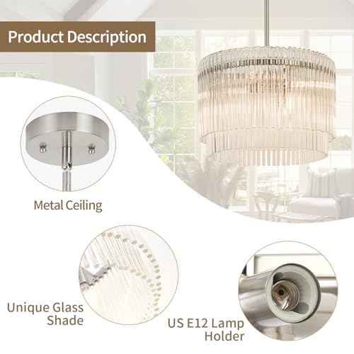 Image of 15.44 inch Drum Chandeliers Dining Room Brushed Nickel 6-Lights | Modern Round Glass Chandelier with Crystals for Living Room Kitchen Island Entryway Foyer Stairway Light Fixture