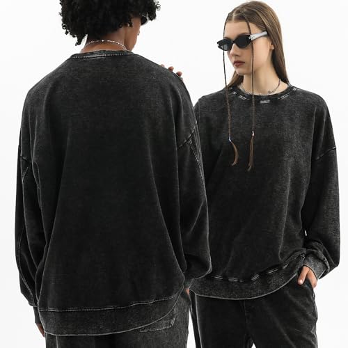 BINTEHGS Mens Oversized Vintage Sweatshirts Acid Wash Plain Crewneck Sweatshirt Streetwear Unisex Distressed Couple Pullover3