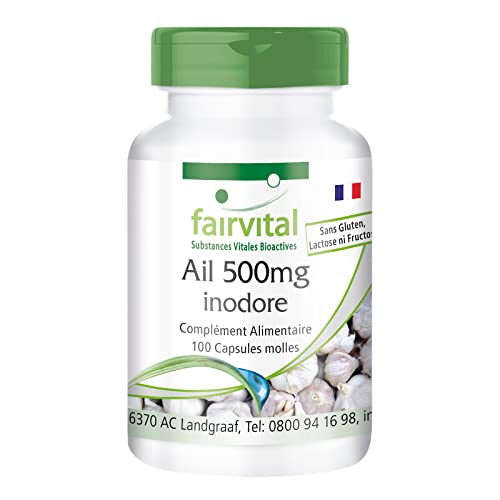 fairvital Gélules d'ail 500mg, 100 gélules molles, faciles à avaler, contiennent de l'alliicine, extrait d'ail 100:1, HAUTEMENT DOSÉ & inodore