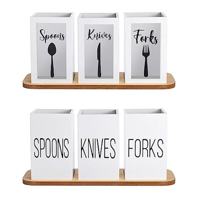 Gejoy Clear Acrylic Silverware Cutlery Caddy Utensil Holder with Wood Tray Spoon Fork Knives Flatware Dispenser for Kitchen Table Countertop Silverware Storage Organizer(White)