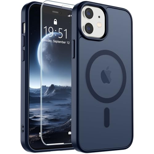 Image of SUPFINE Magnetic for iPhone 12 Case /iPhone 12 Pro Case with Screen Protector (Compatible with MagSafe)(Military Grade Drop Protection) Translucent Matte Phone Cover,Dark Blue