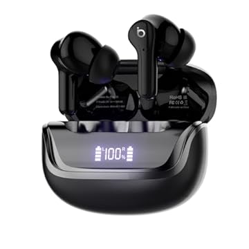 Fone de Ouvido Bluetooth, Basike Fone sem Fio TWS, Bluetooth 5.3 Até 60 Horas de Bateria, Toque Sensível, 62dB ANC Cancelamento de Ruído Musicas Graves Potentes para Academia Corrida (Preto)