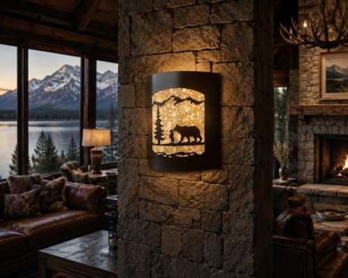 Image of Rustic Bear and Cub with Pine Tree Wall Sconce | Frosted Amber Glass, Lodge Cabin Decor, Woodland Nature Design, Wall Light Fixture