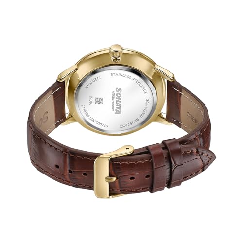 Image of Sonata Jashn with Quartz Analog Gold Dial Brown Leather Strap Men's Wedding Watch - 77208YL01