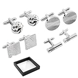 Cufflinks for Men Set of 4 Pairs, Mens Cufflinks Stainless Steel Classic Silver Round Square Knot Striped Designs, Durable Polished Cuff Links for Wedding Business Graduation Suit Shirt Gift for Him