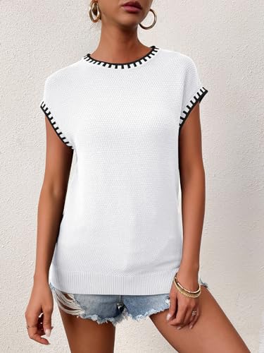 Image of Cap Sleeve Sweater Tops for Women 2026 Knit Summer Sleeveless Tank Vest | Slim Fit, Trendy Color Block, Soft, Skin-Friendly, Strechy, Lightweight, Breathable, Casual Daily Wear