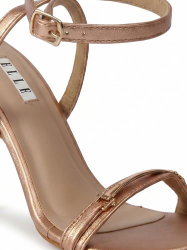 Image of ELLE Women's Square Toe Stiletto Heel Sandals with Gold-Tone Bar Detail and Crisscross Ankle Strap
