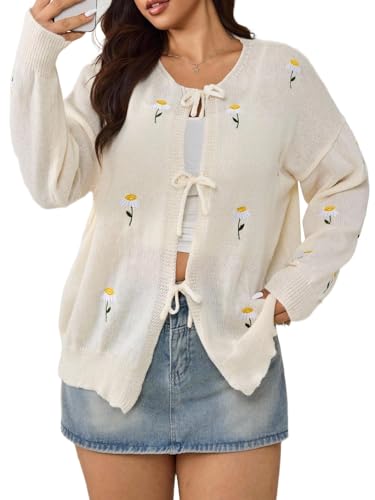 Women's Plus Size Floral Embroidered Cardigan Sweater Tie Front Long Sleeve Lightweight Knit Outwear