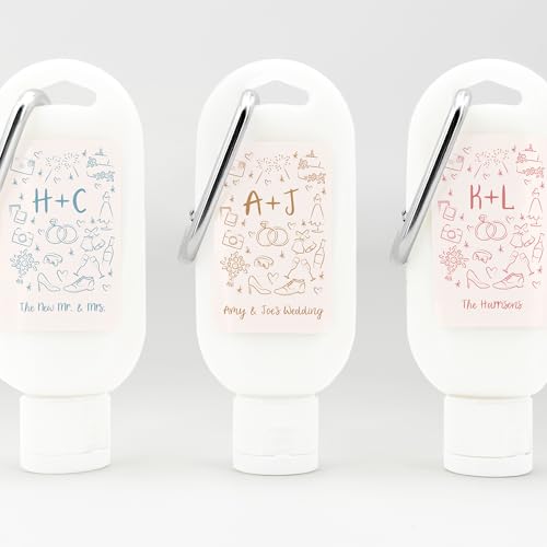 Personalized Sunscreen with Carabiner SPF 30, Custom Sunscreen for Wedding Favors, Party Favors, Hand Drawn Wedding Doodles, Bridal Shower Favors (Set of 12)
