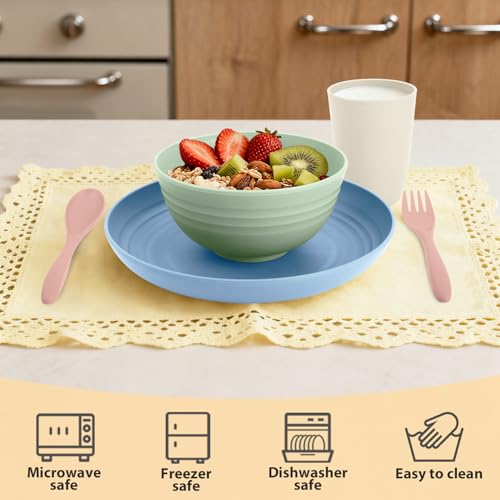 Image of Wheat Straw Dinnerware Sets 20 PCS Service for 4, Unbreakable Kitchen Plates and Bowls Sets, Microwave Dishwasher Safe Dish Set, Outdoor Camping, RV, Apartment Essentials - Colorful