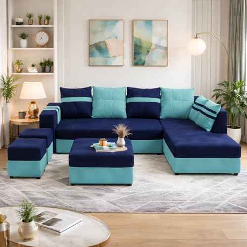 Image of Stova Luxe Velvet-Suede Fabric 8 Seater RHS Sofa Set | with 2 Ottomans& Centre Table| Comfortable & Spacious Seating | Modern Sofa Set for Living Room - Sky Blue & Dark Blue