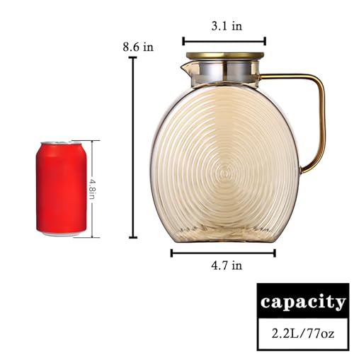 Image of AEFPOYMXU 77oz Glass Water Pitcher with Gold Lid - 2.2L Large Capacity Jug with Wide Handle for Fridge, Iced Tea, Lemonade, Juice & Coffee