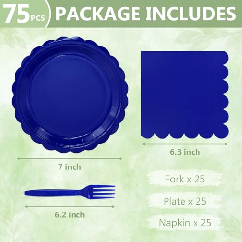 Image of Mulbozy 75 Pcs Royal Blue Paper Plates and Napkins&Forks for Party,25-7 inch