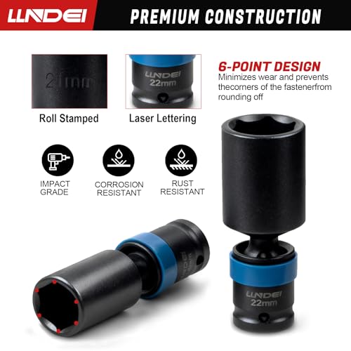 Image of LLNDEI 3 /8 inch Drive Swivel Socket Set, 19PCS Deep Universal Impact Socket Set, Metric(8mm-22mm) Premiun Wobble Socket Set, CR-MO Steel,3 inch& 6 inch Extension Bar