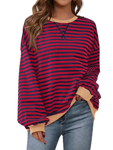 Image of PRETTYGARDEN Womens Striped Oversized Sweatshirt Color Block Crew Neck Long Sleeve Casual Loose Pullover Top Y2K Clothes