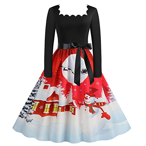 Weihnachtskleid Damen Weihnachten Motiv Aufdruck Abendkleid reizvolles Kleid Hohe Taille Vintage Kleider mit Schleife Gürtel Mittelalter Kleid...