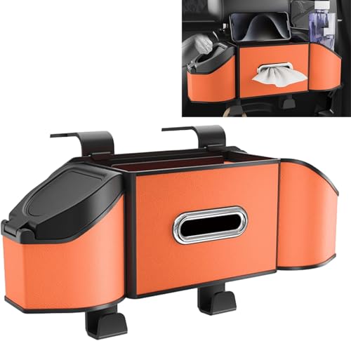 ONEMAJI 7 En 1 Organizador Asiento Coche Trasero para Ford Fiesta MK8 2017-2024, Caja Almacenamiento Vehículo Multifuncional Basura Soporte Teléfono,Orange