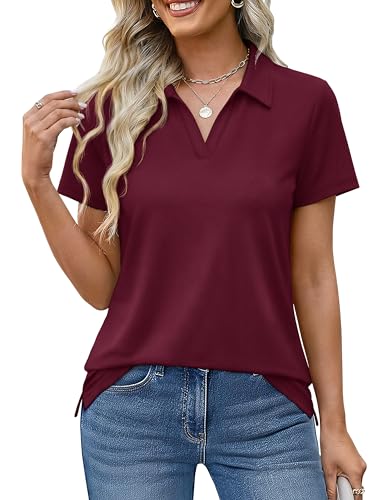MAGCOMSEN Womens Polo Shirts Cotton Short Sleeve V-Neck Collared Tops Golf Shirt Work Casual Summer Tee Burgundy