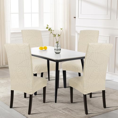 Image of SearchI Waterproof Dining Room Chair Covers Set of 4, Stretch Jacquard Parsons Chair Slipcovers Removable Washable Kitchen Chair Protector for Dining Room, Hotel, Banquet(Beige Leaf)