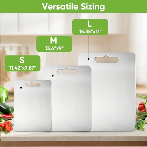 BOYUNSHI 3 Stück Titan Schneidebrett, Edelstahl Titanium Cutting Board Doppelseitiges Lebensmittel Grade Schneidebrett für Fleisch, Brot… – Ansicht 6