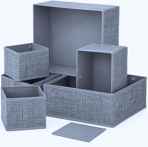 Skrill Non Woven 6-Piece Foldable Clothing Storage Box Set| Cube Baskets,Bins & Dividers for Closet & Dresser Drawer Organization| Storage for Shirts, Pants,Underwear,Bras,Socks&More(Crosshatch Grey)