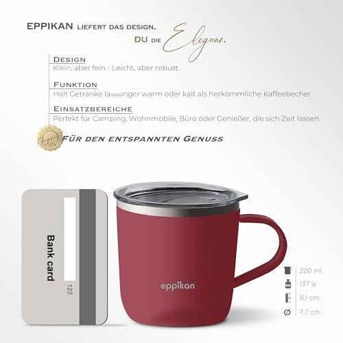 eppiLungo Edelstahl Thermobecher, Isolierbecher, Kaffeetasse, Trinkbecher, Thermotasse 220ml, 280ml mit Deckel, für Kaffee und Tee (Vintage Red, 220 ml) – Bild 2