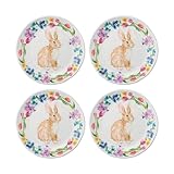 UP UPware Floral Bunny Melamine Round Dessert Plates, Small Serving Plates, Easter Decorations, for Appetizer, Snacks, and Side Dishes, Multicolor, 6 Inch, Set of 4