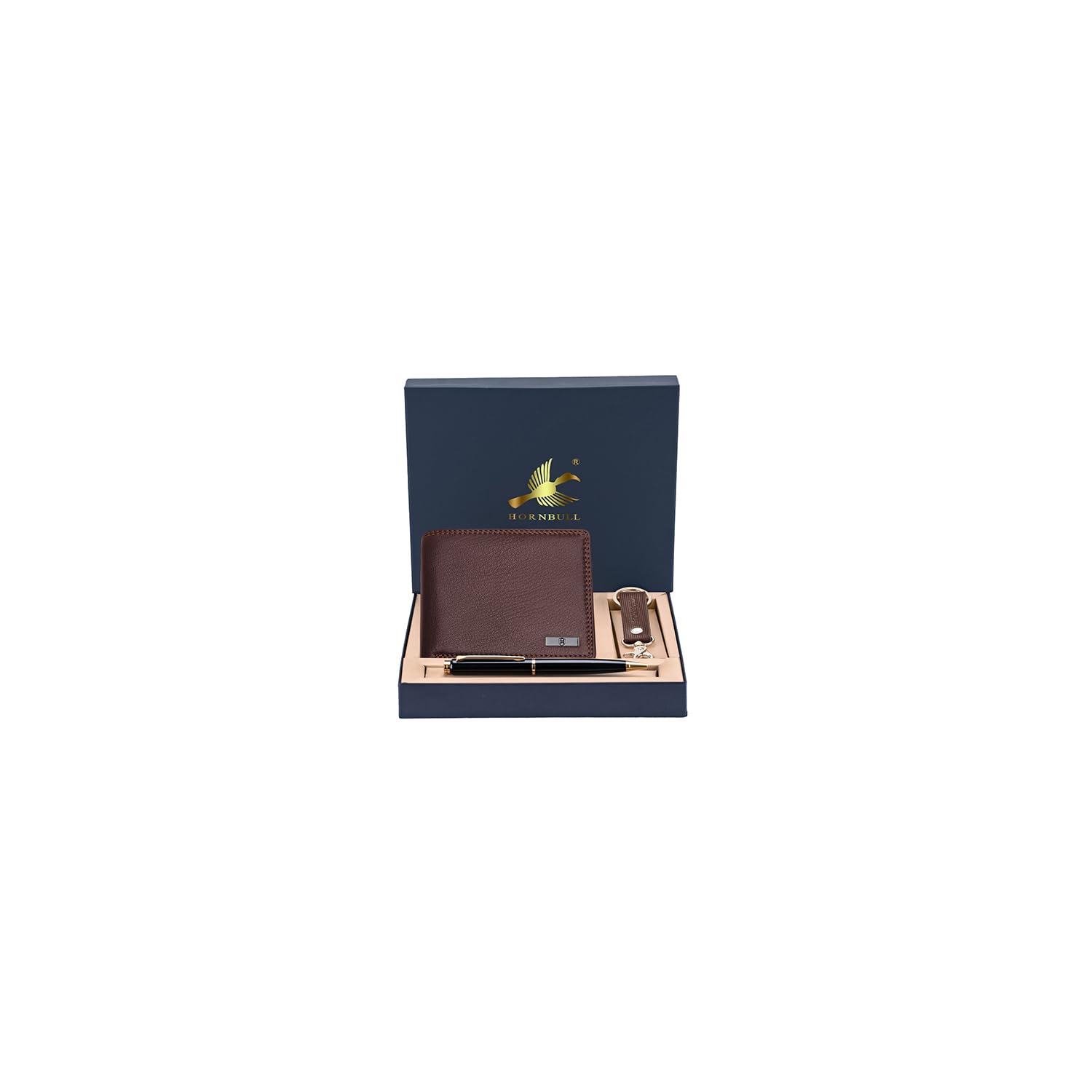 HORNBULL Stella Brown Leather Wallet with Keyring & Pen Combo Gift Set for Men | Valentine's Day Gift Set for Men