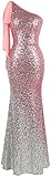 Angel-fashions Women's Asymmetric Ribbon Gradient Sequin Mermaid Long Prom Dress (L, Pink Silver)